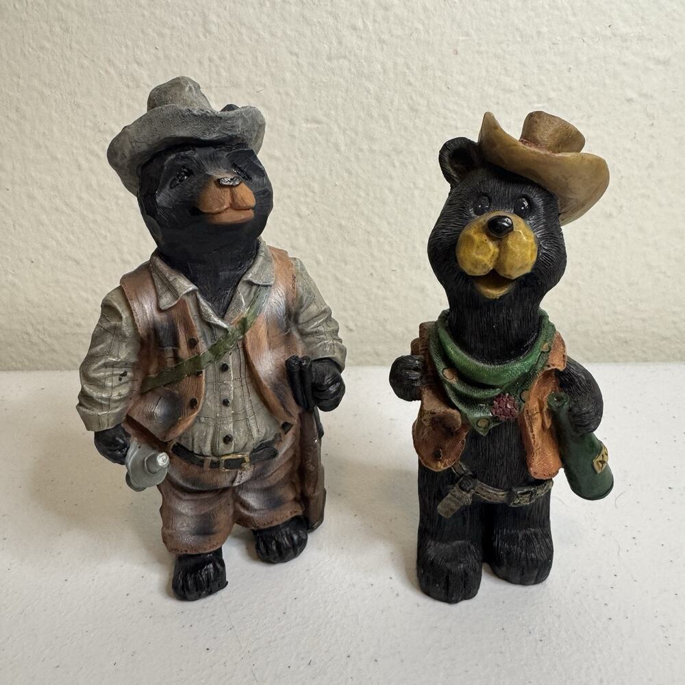 Western Carved Resin Camping Bears Home Decor Carved Wood Design. Black Bears 6”